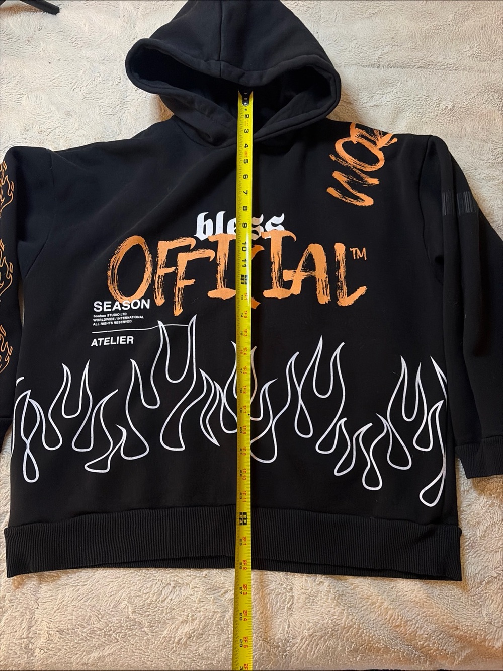 Boohoo Black Hoodie with Orange 'OFFICIAL' Script and White Flame Graphics